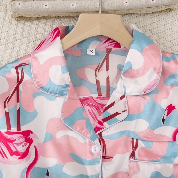 Other - Camouflage Flamingo Pajamas Set Size Medium Pink & Blue Satin
